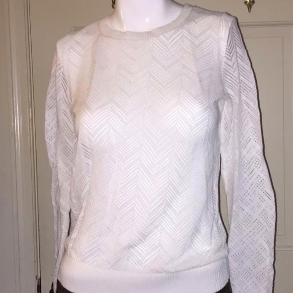 Loft Pointelle Chevron Stripe Round Neck Sweater L